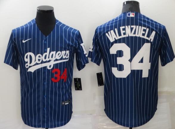 Men's Los Angeles Dodgers #34 Fernando Valenzuela Blue Pinstripe Stitched MLB Cool Base Nike Jersey
