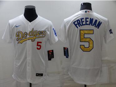 Men's Los Angeles Dodgers #5 Freddie Freeman White Gold Flex Base Stitched Jersey
