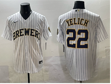 Men's Milwaukee Brewers #22 Christian Yelich White Pinstripe 2025 With Patch Stitched Jersey Men's Milwaukee Brewers #22 Christian Yelich White Pinstripe 2025 With Patch Stitched Jersey