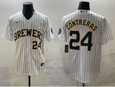 Men's Milwaukee Brewers #24 William Contreras White Pinstripe 2025 With Patch Stitched Stitched Jersey Men's Milwaukee Brewers #24 William Contreras White Pinstripe 2025 With Patch Stitched Stitched Jersey