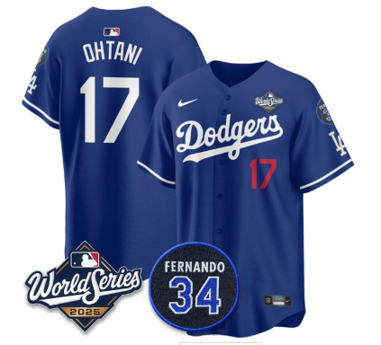 Men's Los Angeles Dodgers #17 Shohei Ohtani Royal 2025 World Series With No.34 Patch Limited Stitched Baseball Jersey