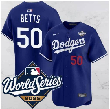 Men's Los Angeles Dodgers #50 Mookie Betts Blue 2025 World Series Vapor Limited Stitched Jersey