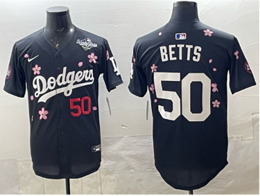 Men's Los Angeles Dodgers #50 Mookie Betts Black 2025 World Series Patch Tokyo Series Limited Stitched Baseball Jersey