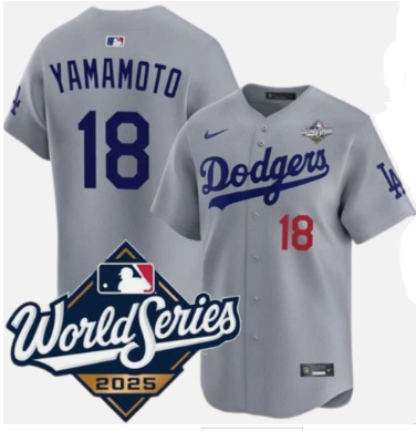 Men's Los Angeles Dodgers #18 Yoshinobu Yamamoto Gray 2025 World Series Limited Stitched Baseball Jersey Men's Los Angeles Dodgers #18 Yoshinobu Yamamoto Gray 2025 World Series Limited Stitched Baseball Jersey