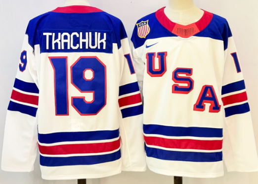 Men's USA #19 Matthew Tkachuk White 2025-2026 Stitched Jersey