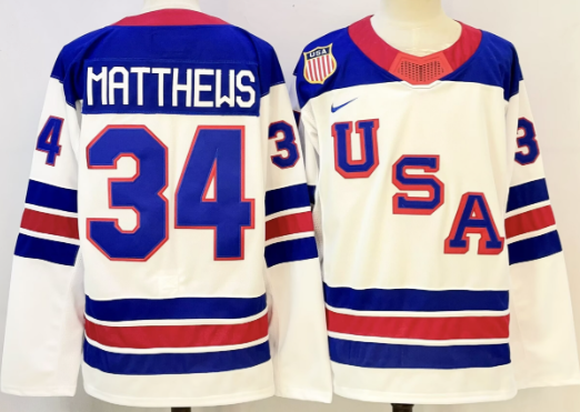Men's USA #34 Auston Matthews White 2025-2026 With C Patch Stitched Jersey