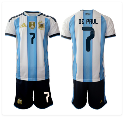 Men's Argentina #7 Rodrigo Javier De Paul White Blue 2025-26 Home Soccer Jersey Suit