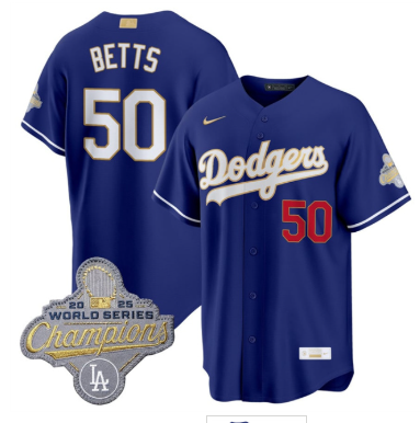 Men's Los Angeles Dodgers #50 Mookie Betts Royal 2026 Alternate Gold Collection Stadium Stitched Baseball Jersey