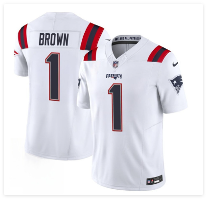 Men's New England Patriots #1 A.J. Brown White 2026 F.U.S.E. Vapor Limited Football Stitched Jersey