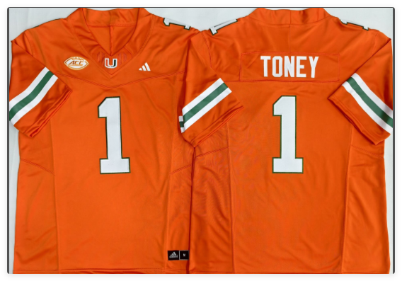 Miami Hurricanes Orange #1 TONEY stitched men jersey