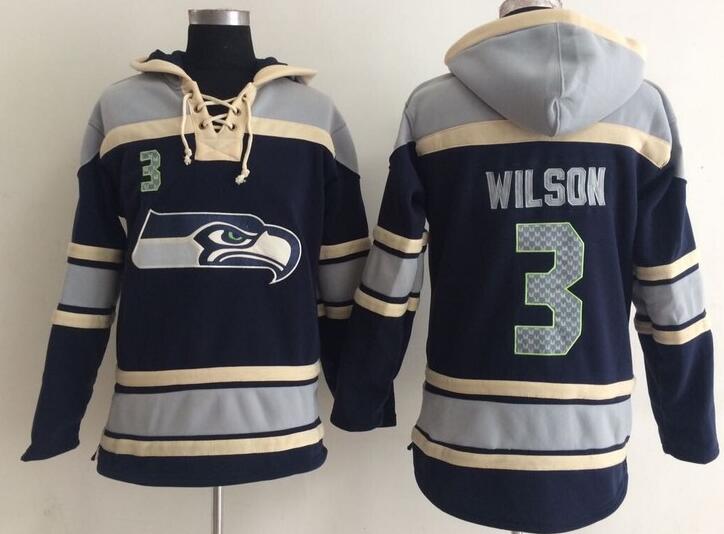 men Seattle Seahawks 3 Russell Wilson blue football nfl Hooded Hoodies